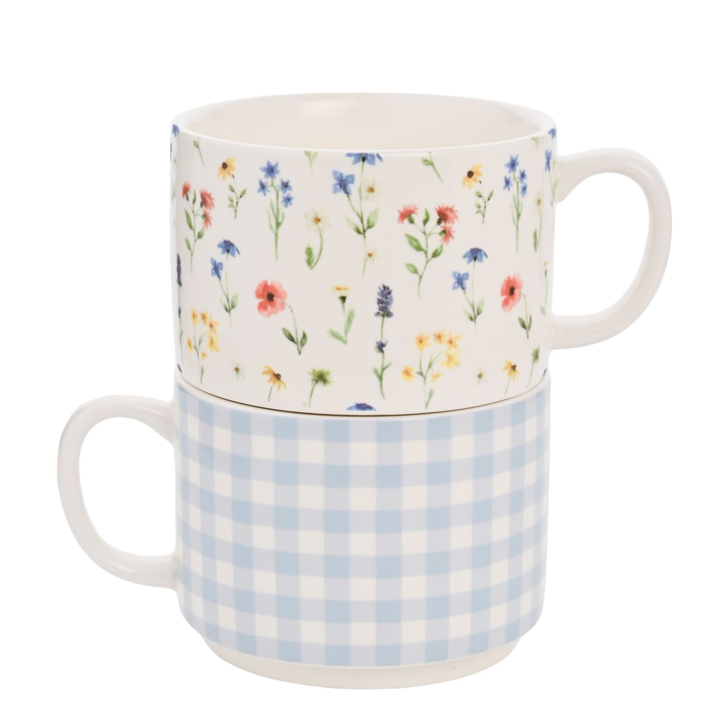 Set of 2 Stacking Mugs -Gingham and Flower Design