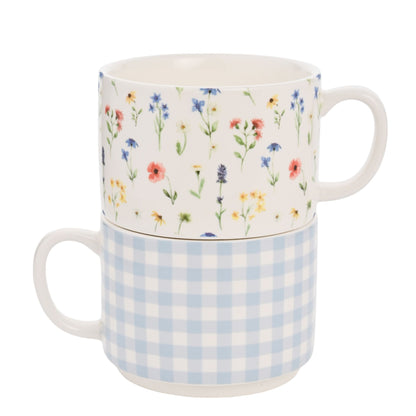 Set of 2 Stacking Mugs -Gingham and Flower Design