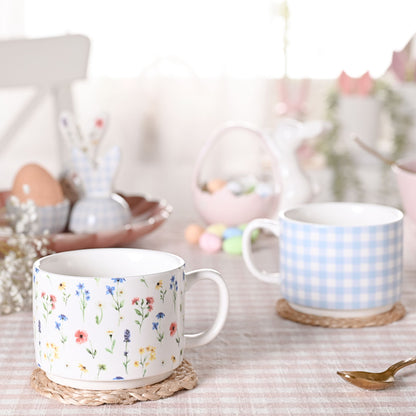 Set of 2 Stacking Mugs -Gingham and Flower Design