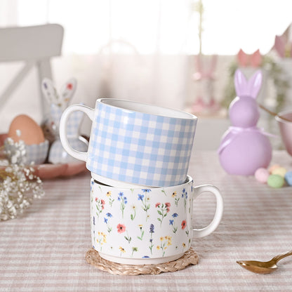 Set of 2 Stacking Mugs -Gingham and Flower Design