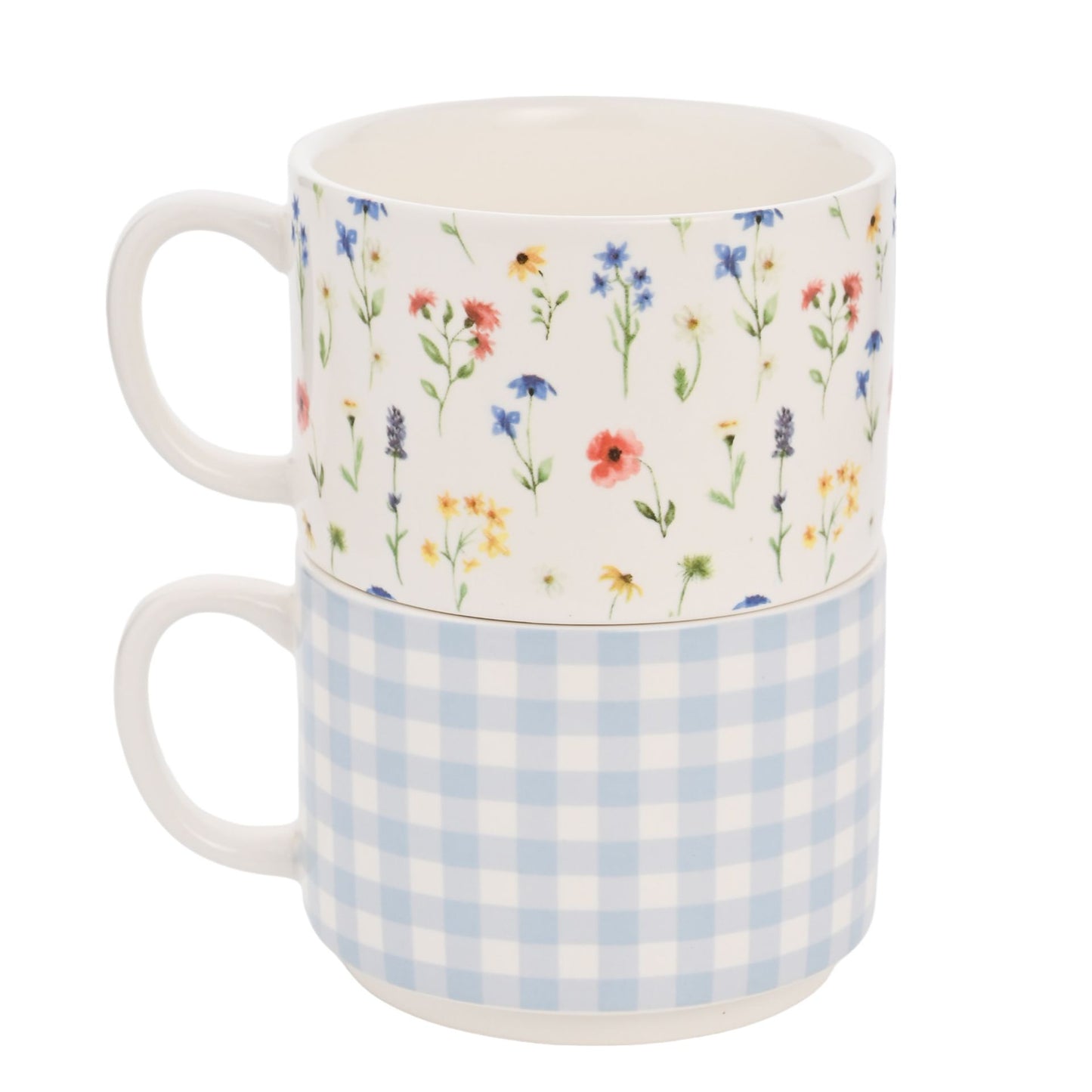 Set of 2 Stacking Mugs -Gingham and Flower Design