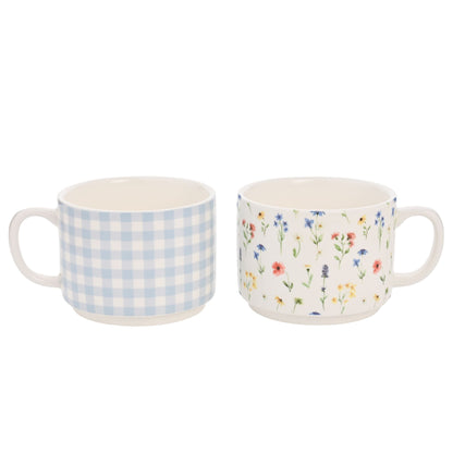 Set of 2 Stacking Mugs -Gingham and Flower Design