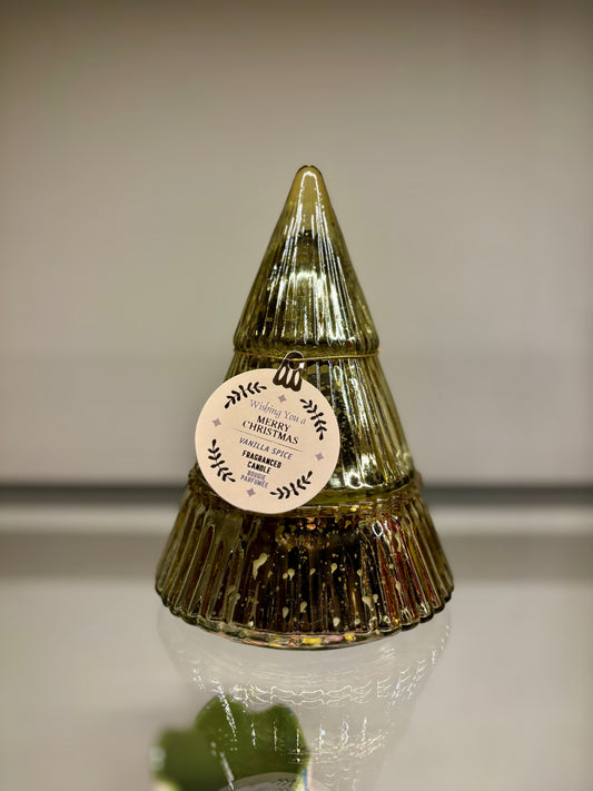 Metallic Gold Glass Christmas Tree Shaped Candle - Vanilla Spice