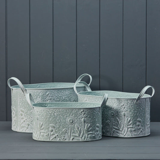 Set of Three Sage Oval Planters with Floral Design
