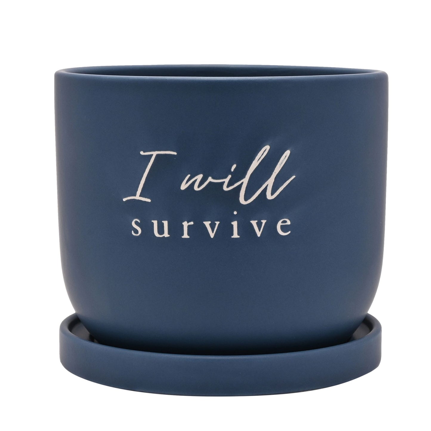 Ceramic Navy Blue Planter with Saucer - I Will Survive