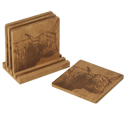 Set of 4 Wooden Coasters - Highland Cow Design with Holder